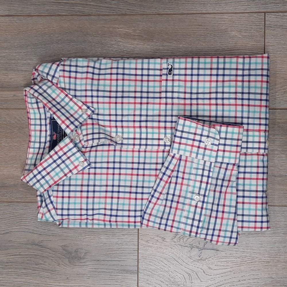 Vineyard Vines slim fit white, red, aqua, blue plaid button down shirt, size L